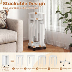 Stackable Stools Set of 4 with Rolling Base Solid Rubber Wood Nesting Stools-White