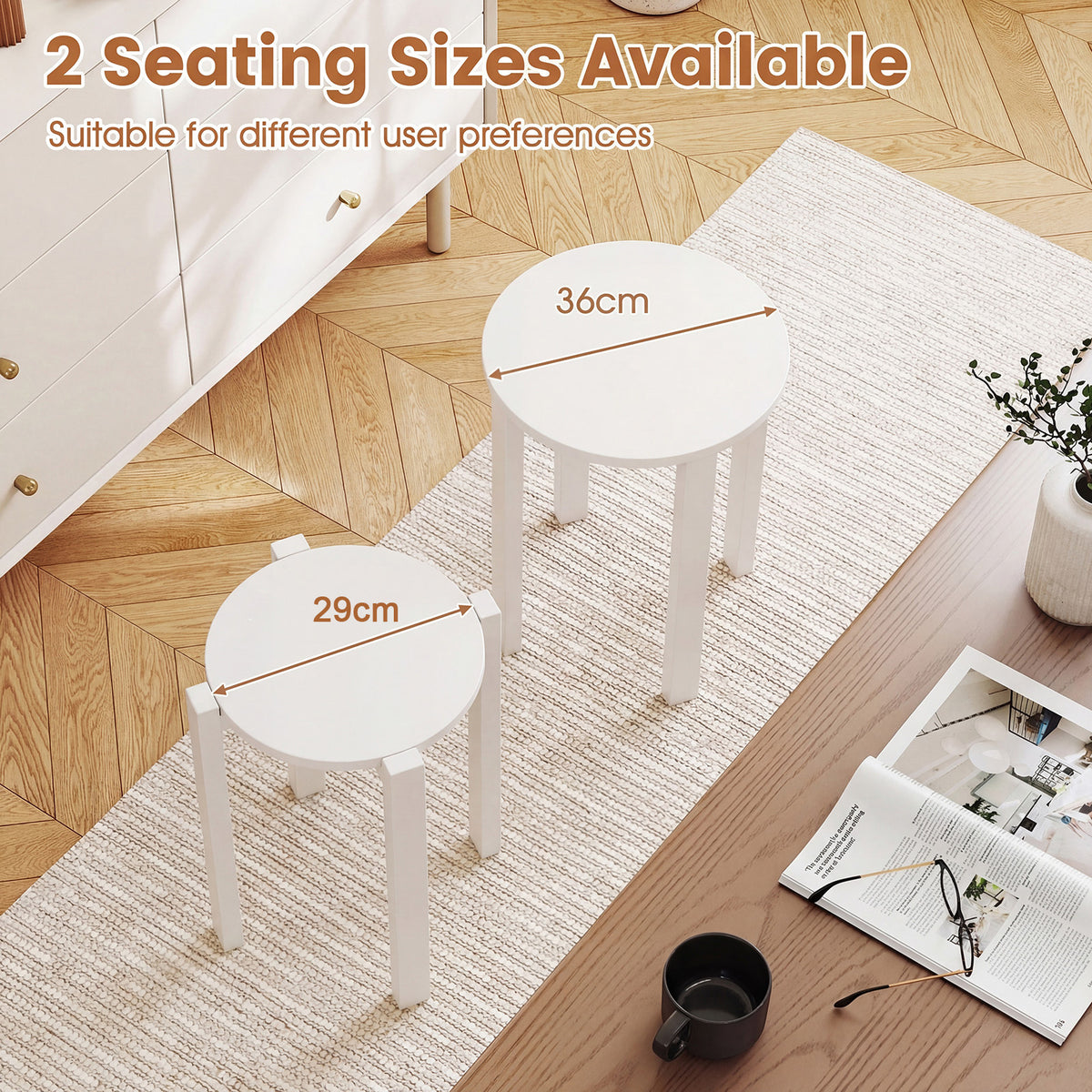 Stackable Stools Set of 4 with Rolling Base Solid Rubber Wood Nesting Stools-White