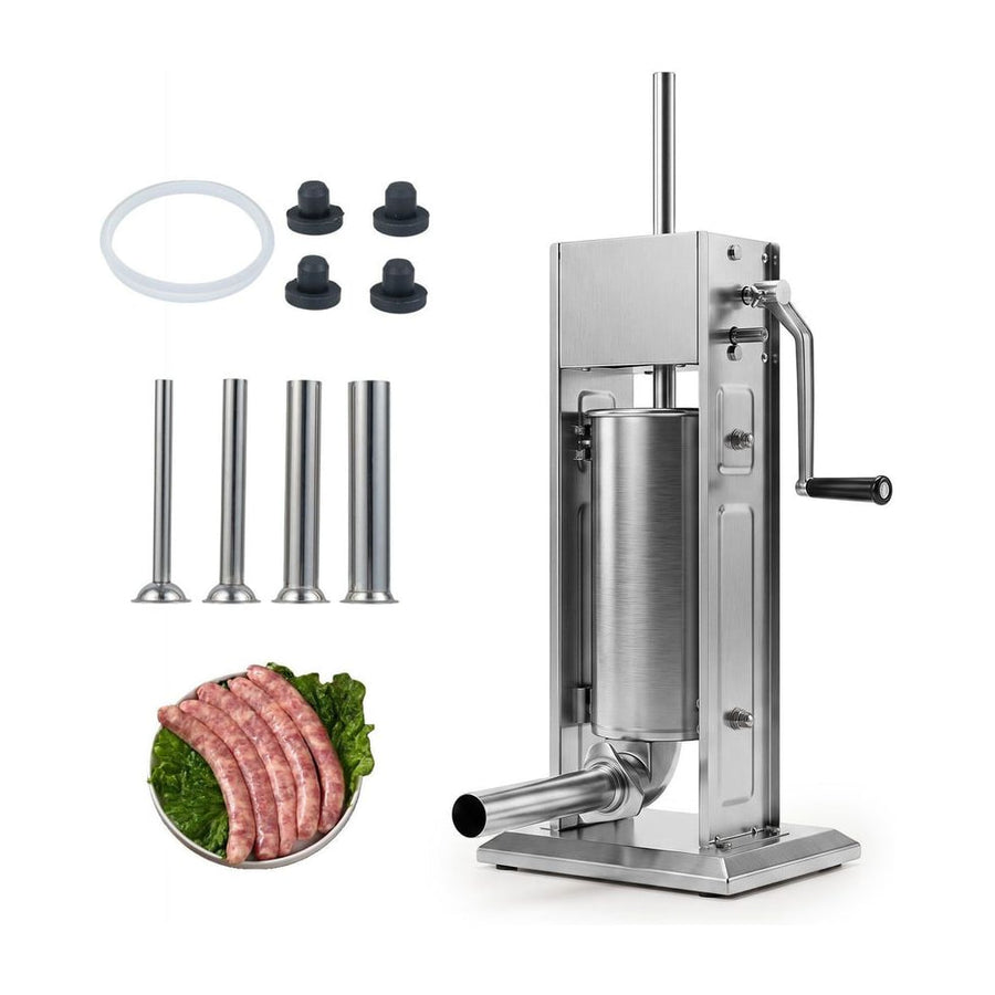 Stainless Steel Meat Filling Machine with stuffing tubes and accessories on a white background