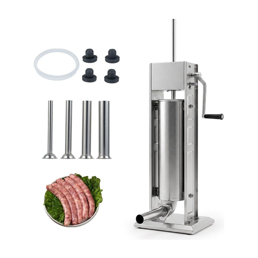Stainless Steel Meat Filling Machine with stuffing tubes and accessories shown on a white background