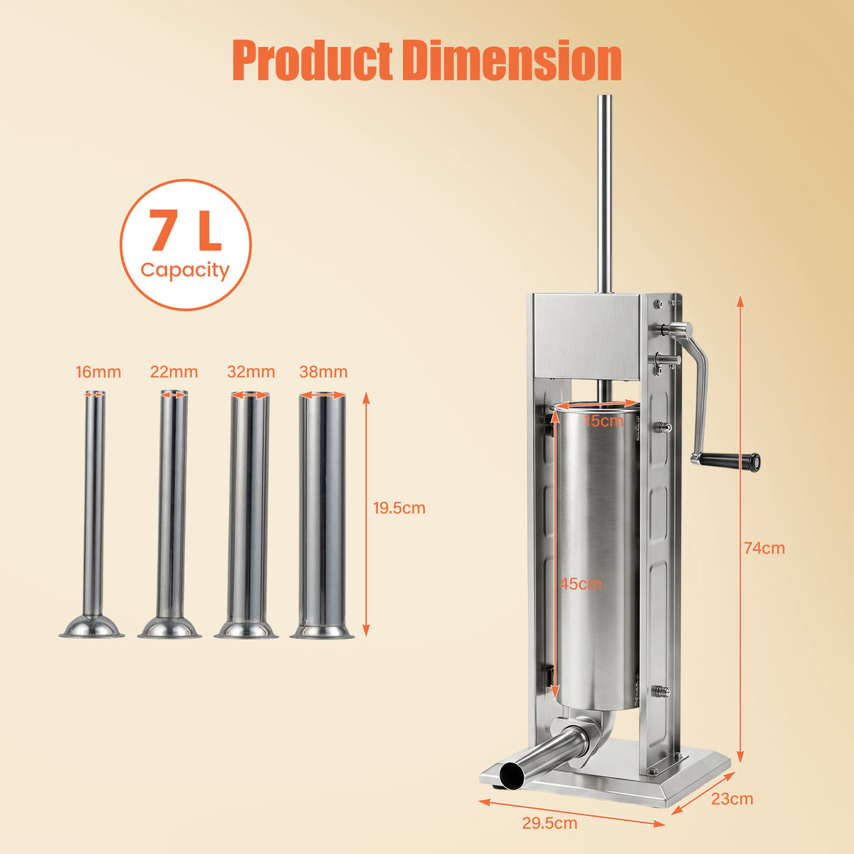Stainless Steel Meat Filling Machine with 2 Speeds and 4 Stuffing Tubes for Home-7L