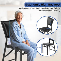 An elderly woman sitting comfortably on a dining chair