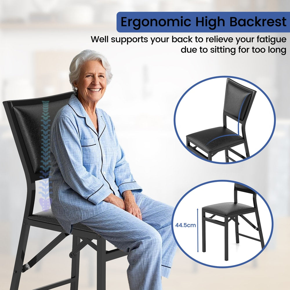 An elderly woman sitting comfortably on a dining chair