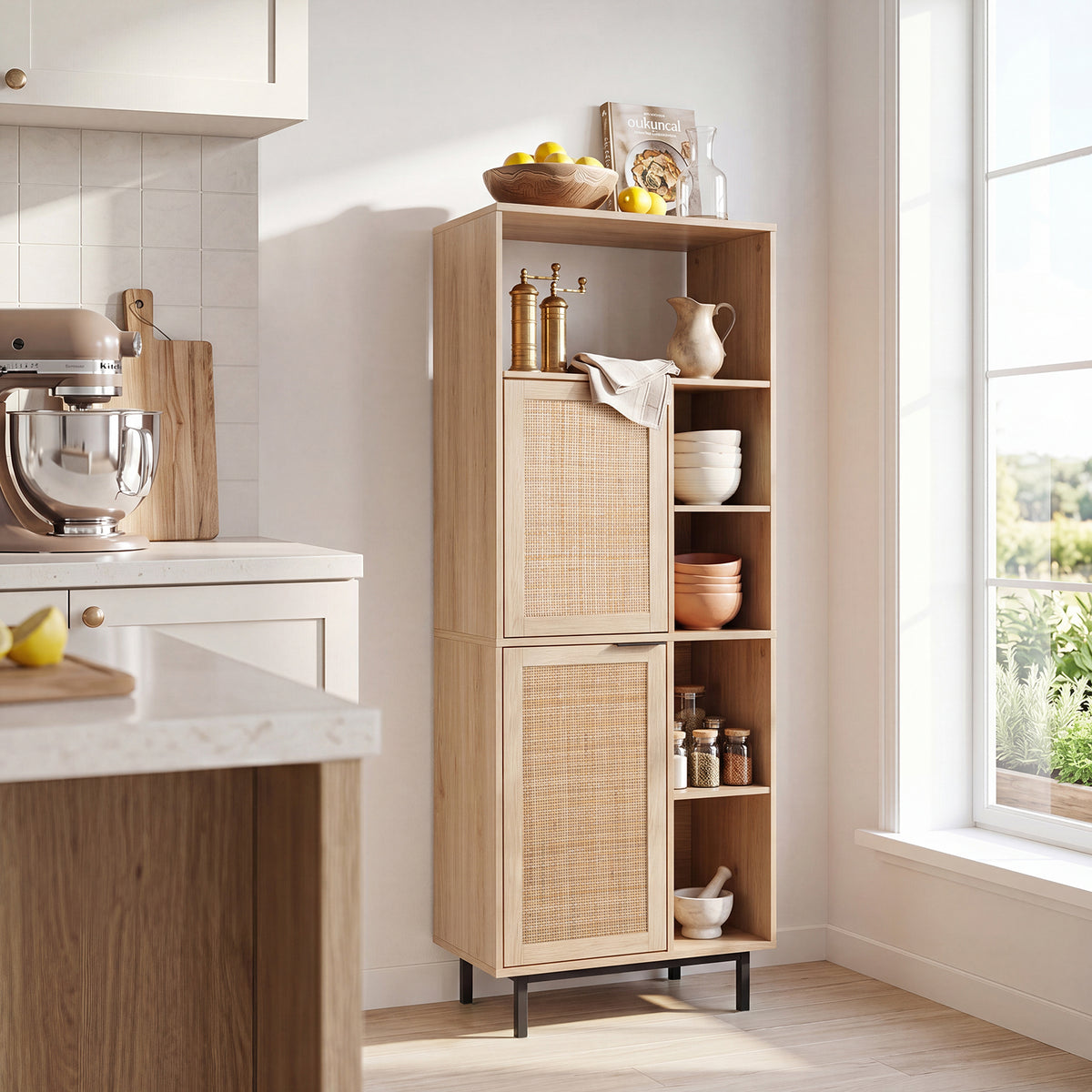 Storage Cabinet with 2 Rattan Doors and 5 Compartments-Natural