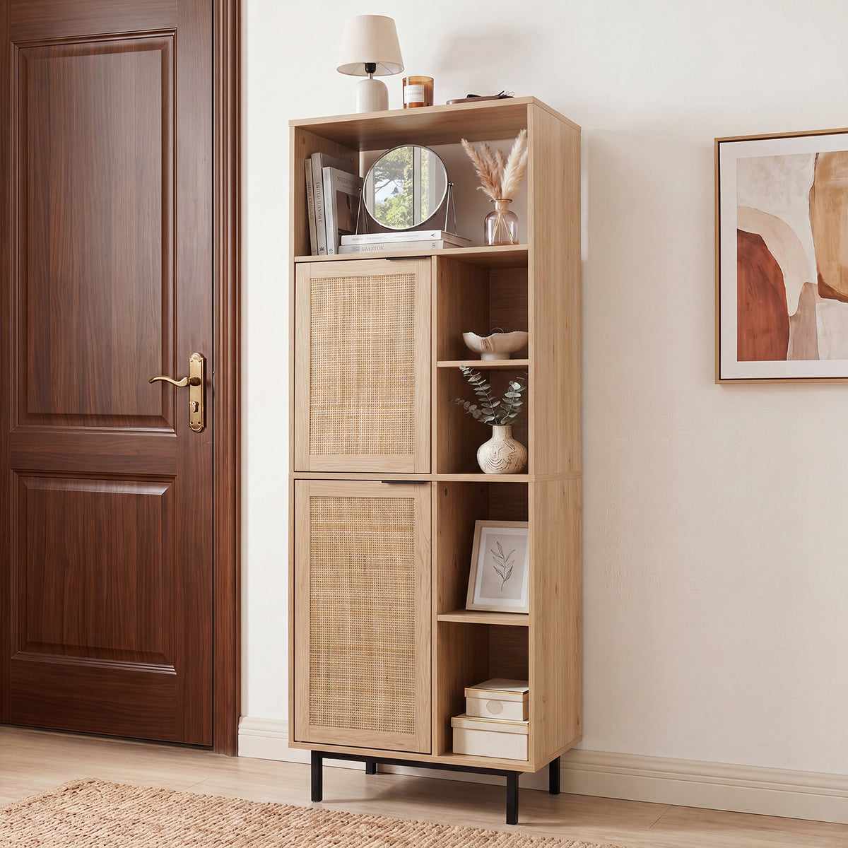 Storage Cabinet with 2 Rattan Doors and 5 Compartments-Natural