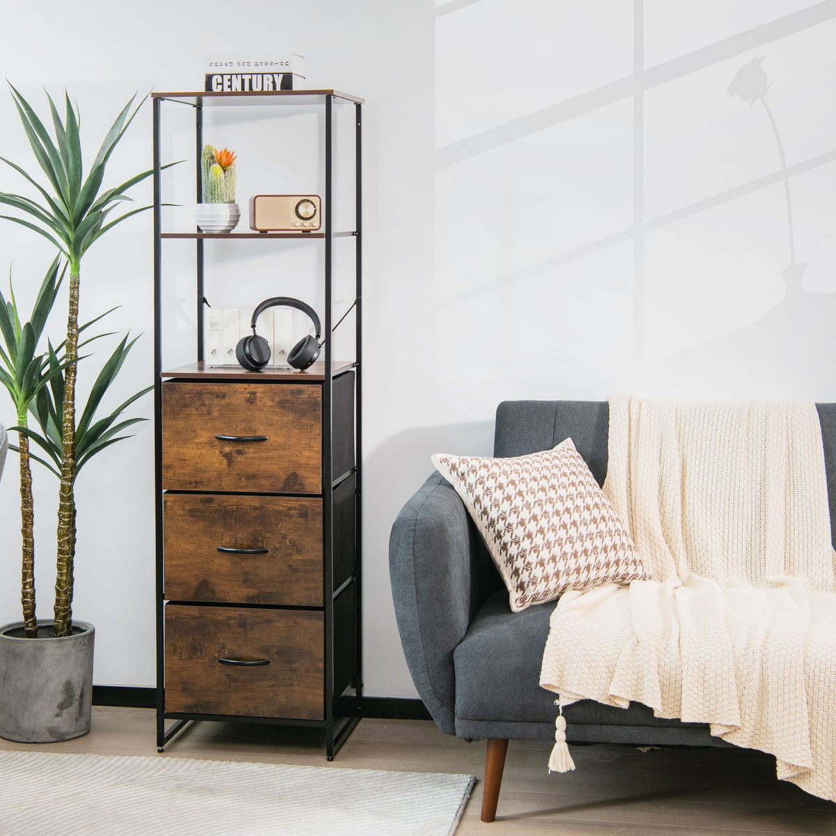 Storage Cabinet with 3 Drawers and 3-Tier Tall Shelf for Bedroom -Rustic Brown