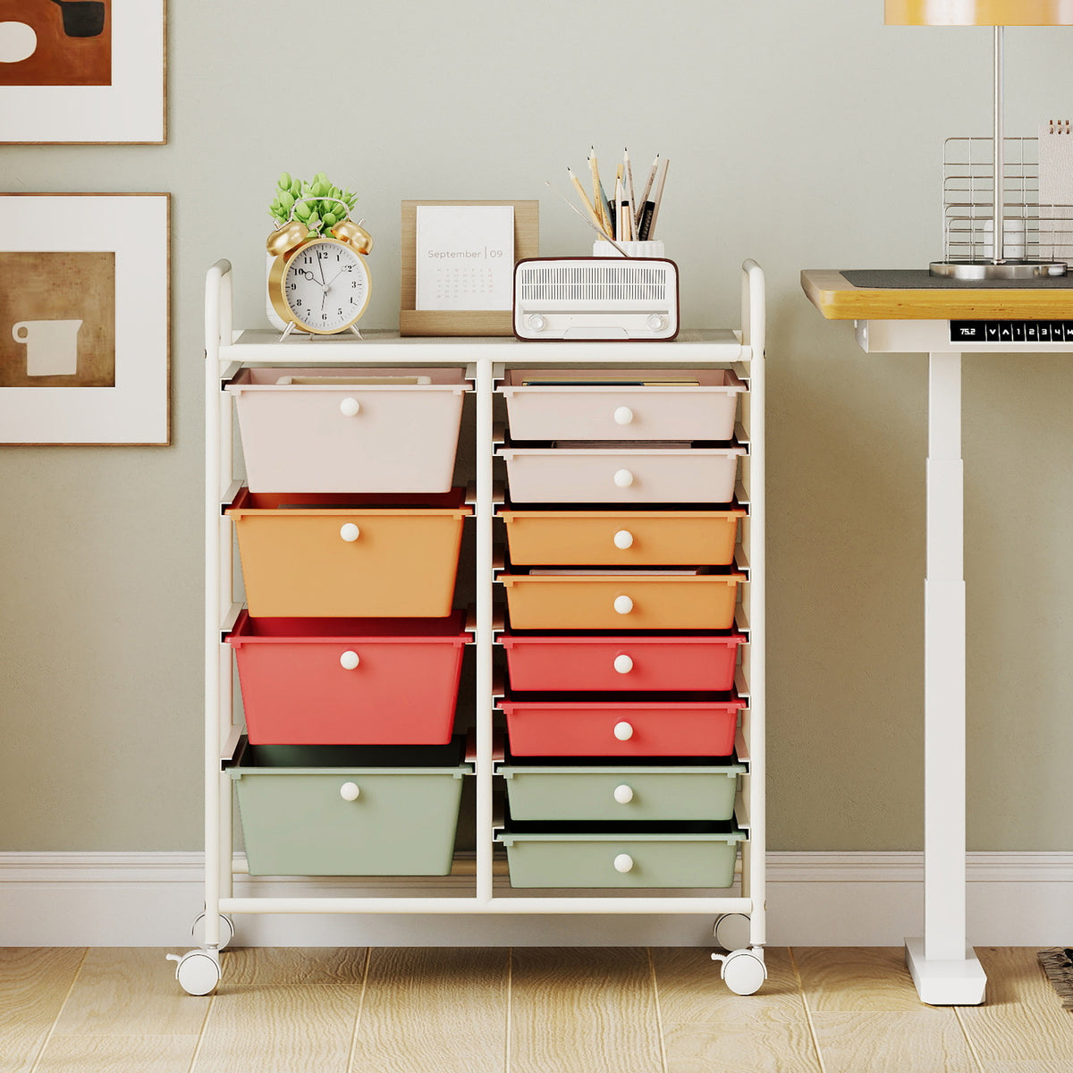 Storage Cart with 2-Size Drawer Rolling Cart Large Countertop Side Handles-Macaron