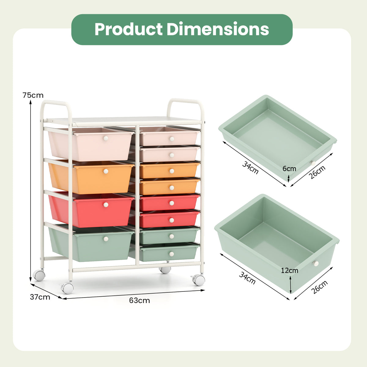 Storage Cart with 2-Size Drawer Rolling Cart Large Countertop Side Handles-Macaron