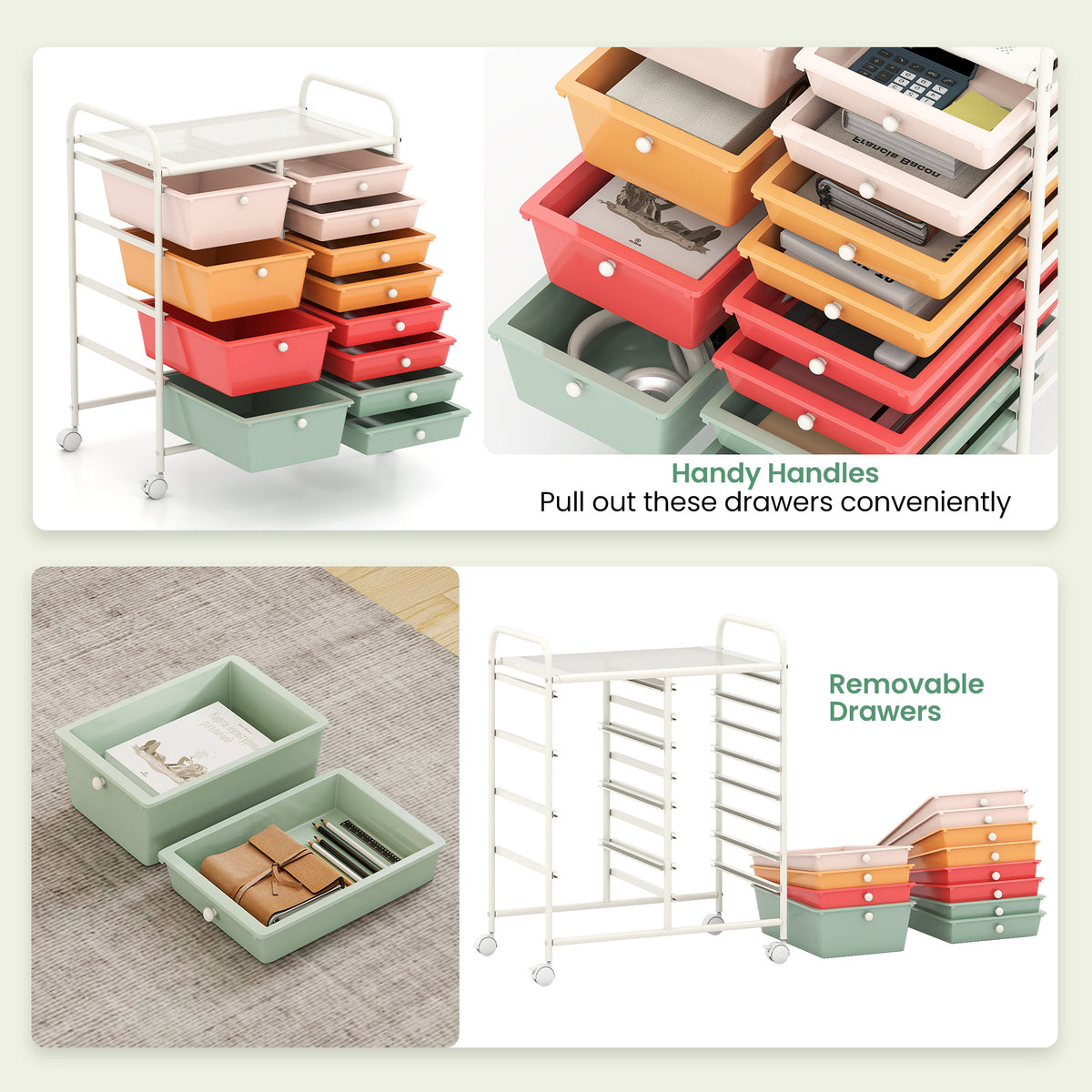 Storage Cart with 2-Size Drawer Rolling Cart Large Countertop Side Handles-Macaron