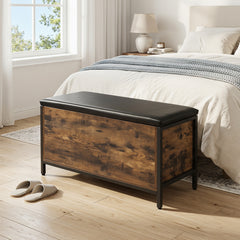 Storage Chest Industrial Shoe Bench with Faux Leather Padded Seat-Rustic Brown