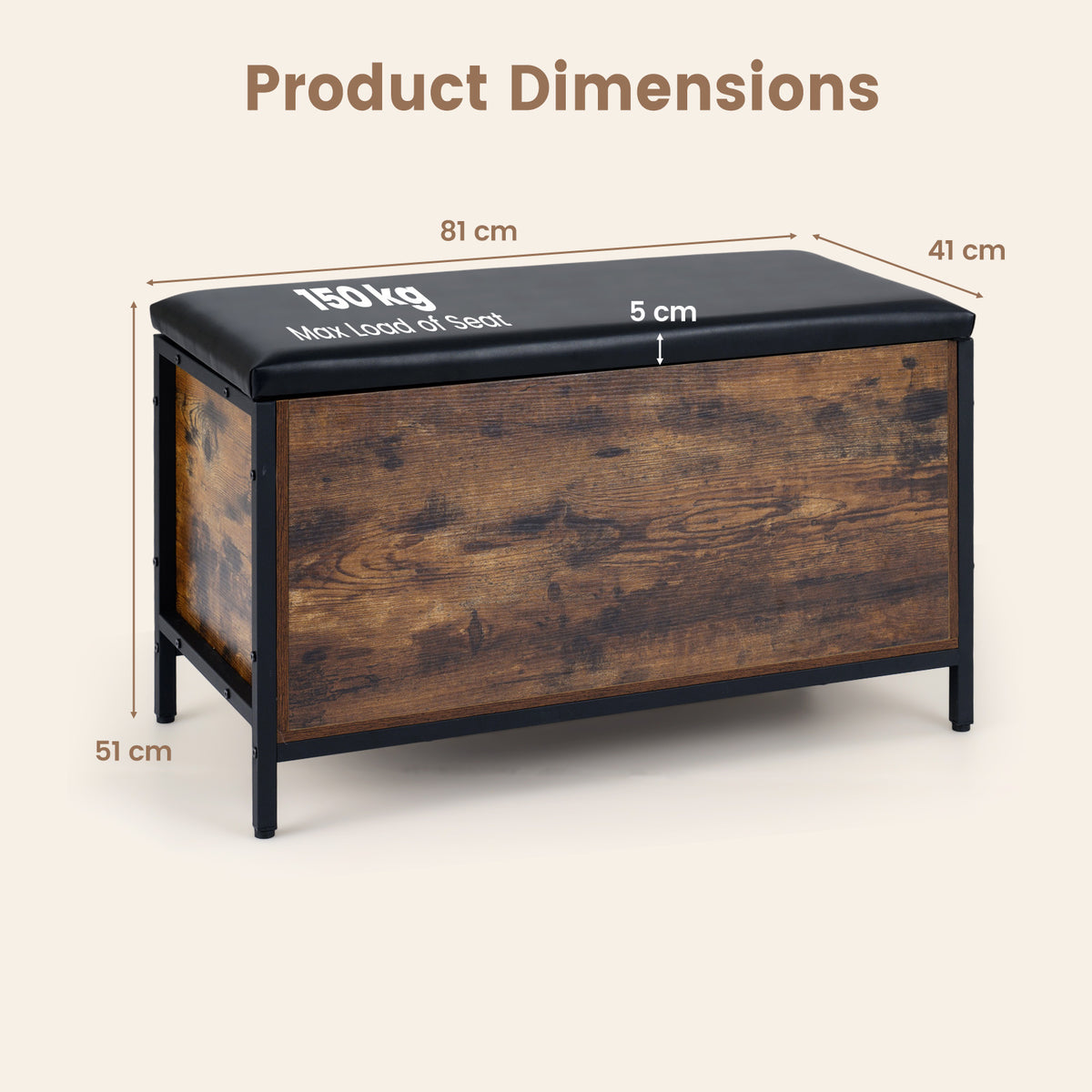 Storage Chest Industrial Shoe Bench with Faux Leather Padded Seat-Rustic Brown