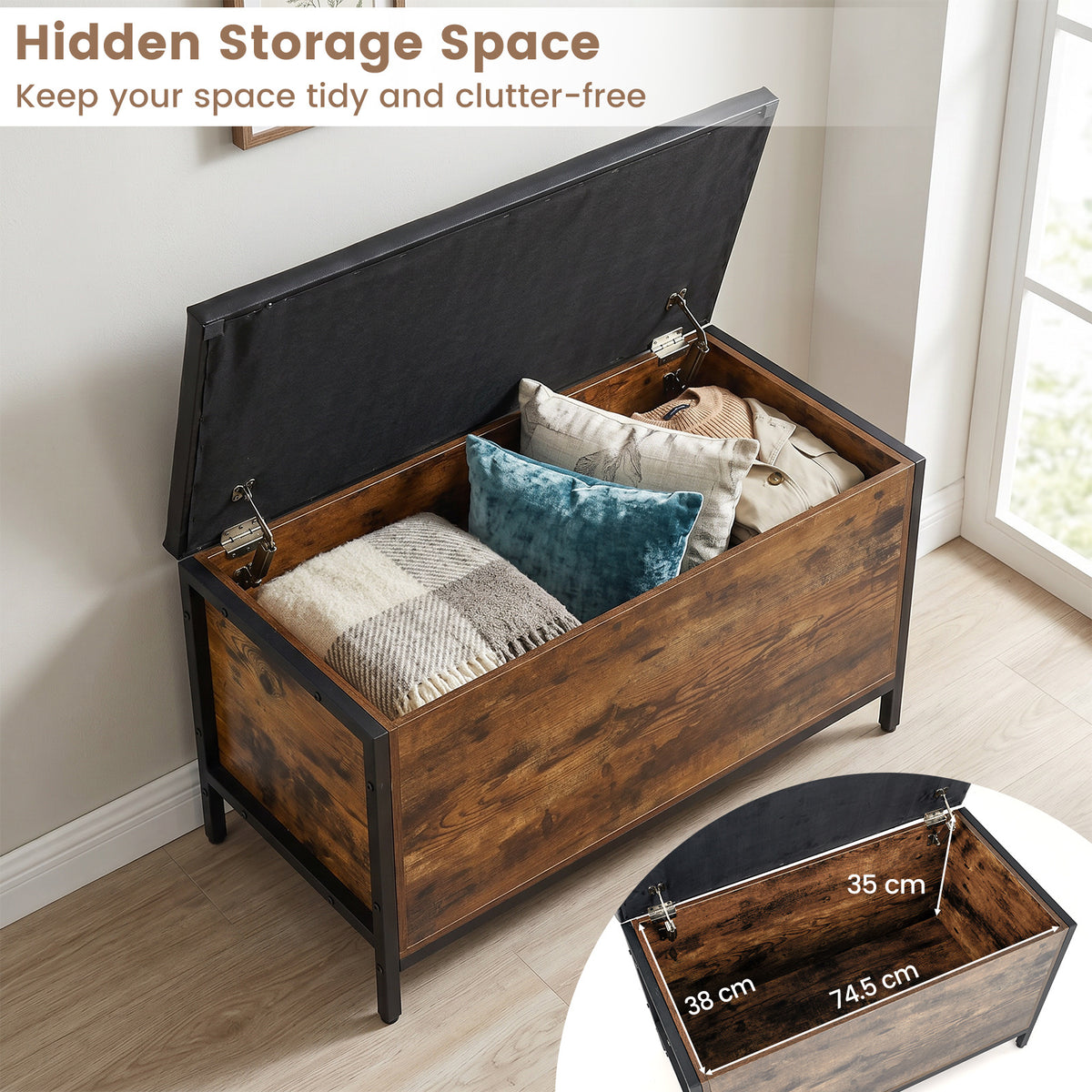 Storage Chest Industrial Shoe Bench with Faux Leather Padded Seat-Rustic Brown