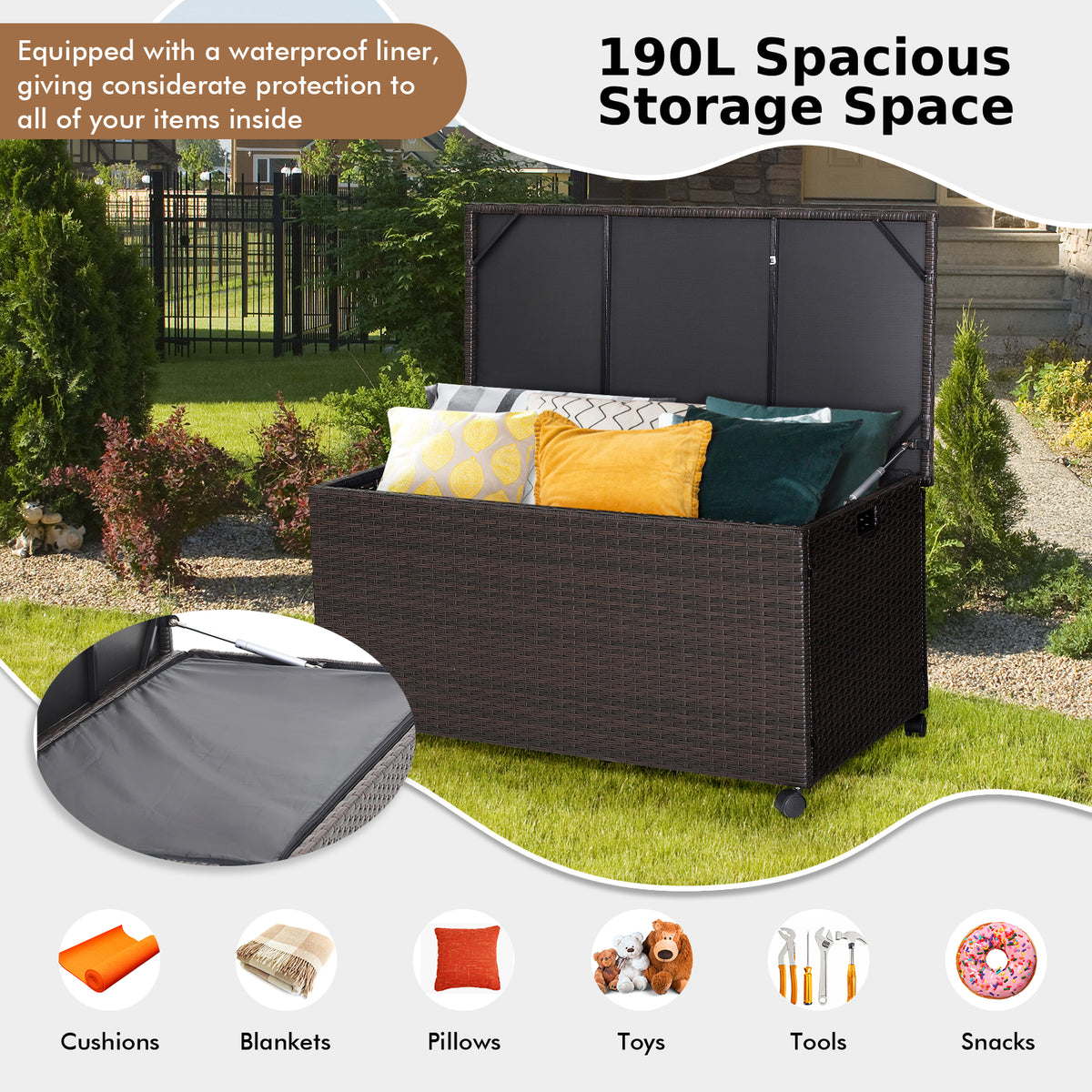 190L Deck Storage Box Patio Rattan Storage Container with 2 Wheels