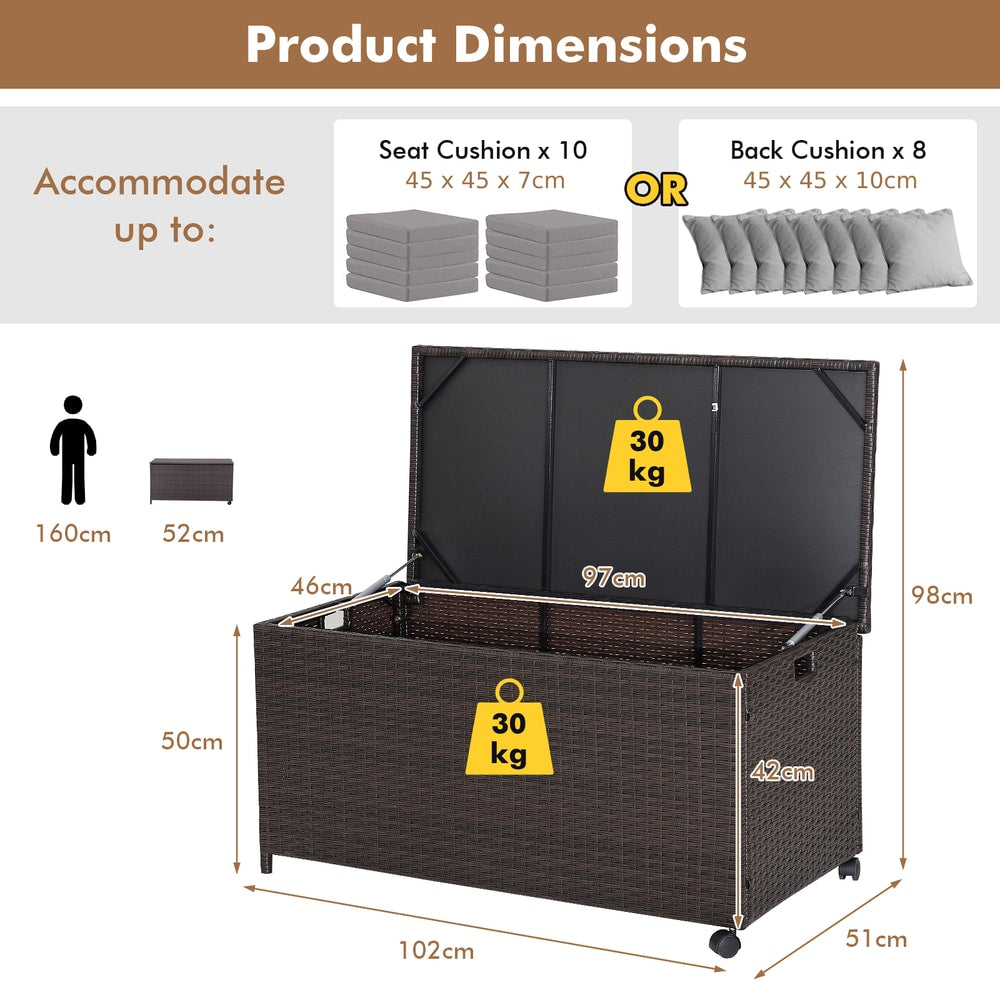 Product dimensions diagram for the rattan storage container showing measurements and weight capacity