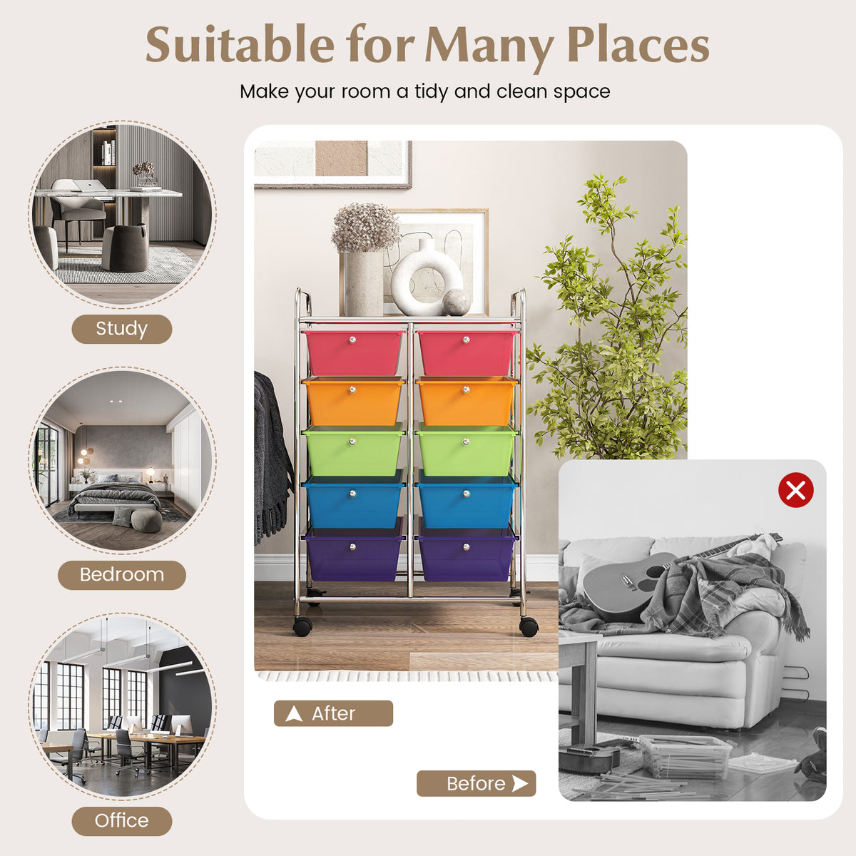 Storage Rolling Cart with 10-Drawer for Tools Scrapbook Paper Organising-Rainbow