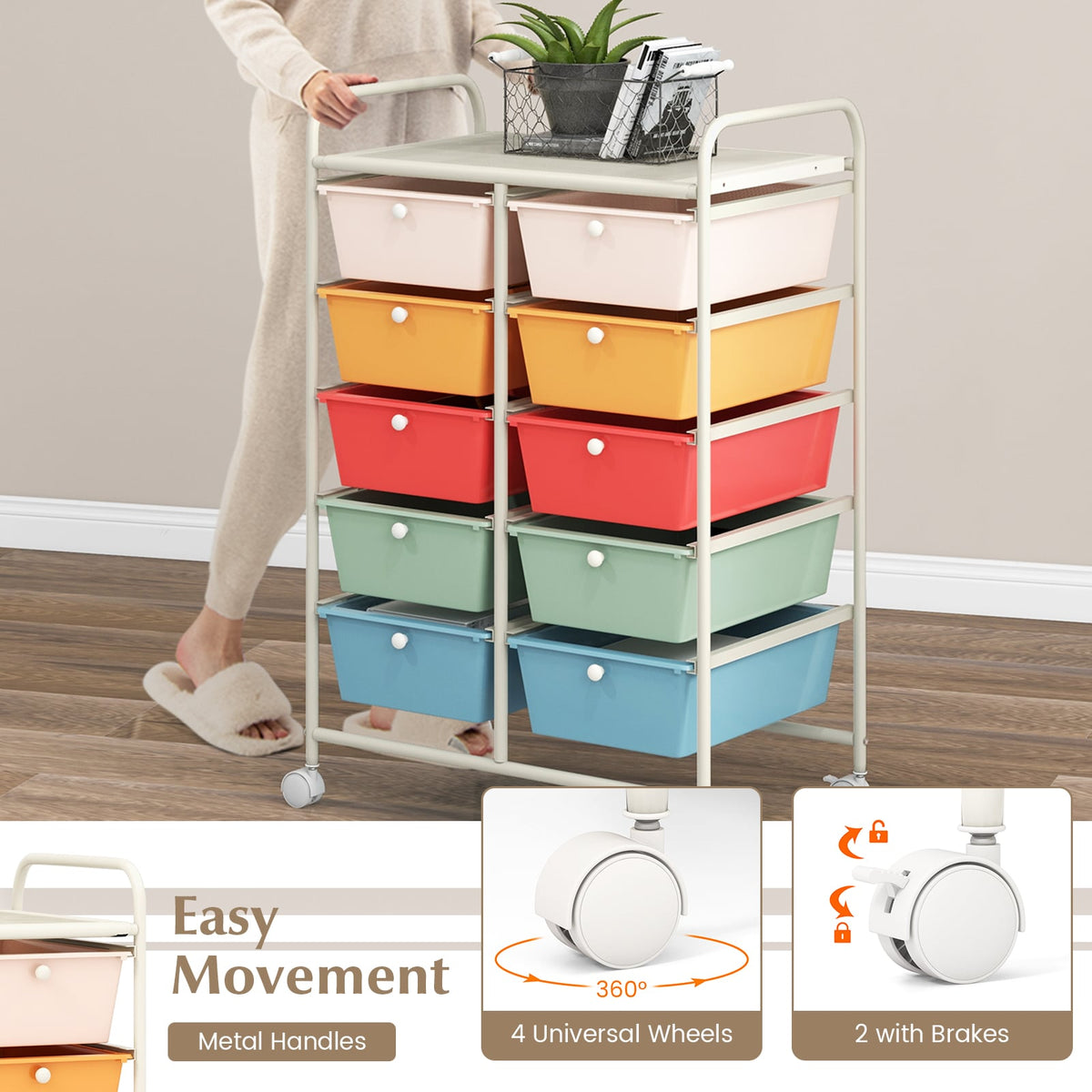Storage Rolling Cart with 10-Drawer for Tools Scrapbook Paper Organising-Colourful