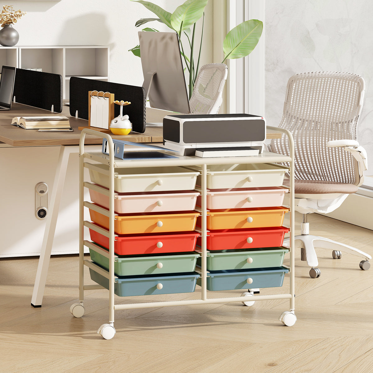 Storage Rolling Cart with Drawer and Large Countertop Side Handles-Macaron