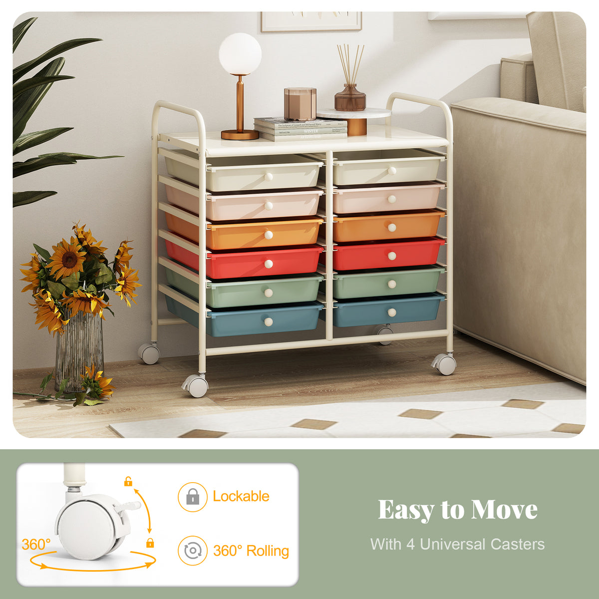 Storage Rolling Cart with Drawer and Large Countertop Side Handles-Macaron