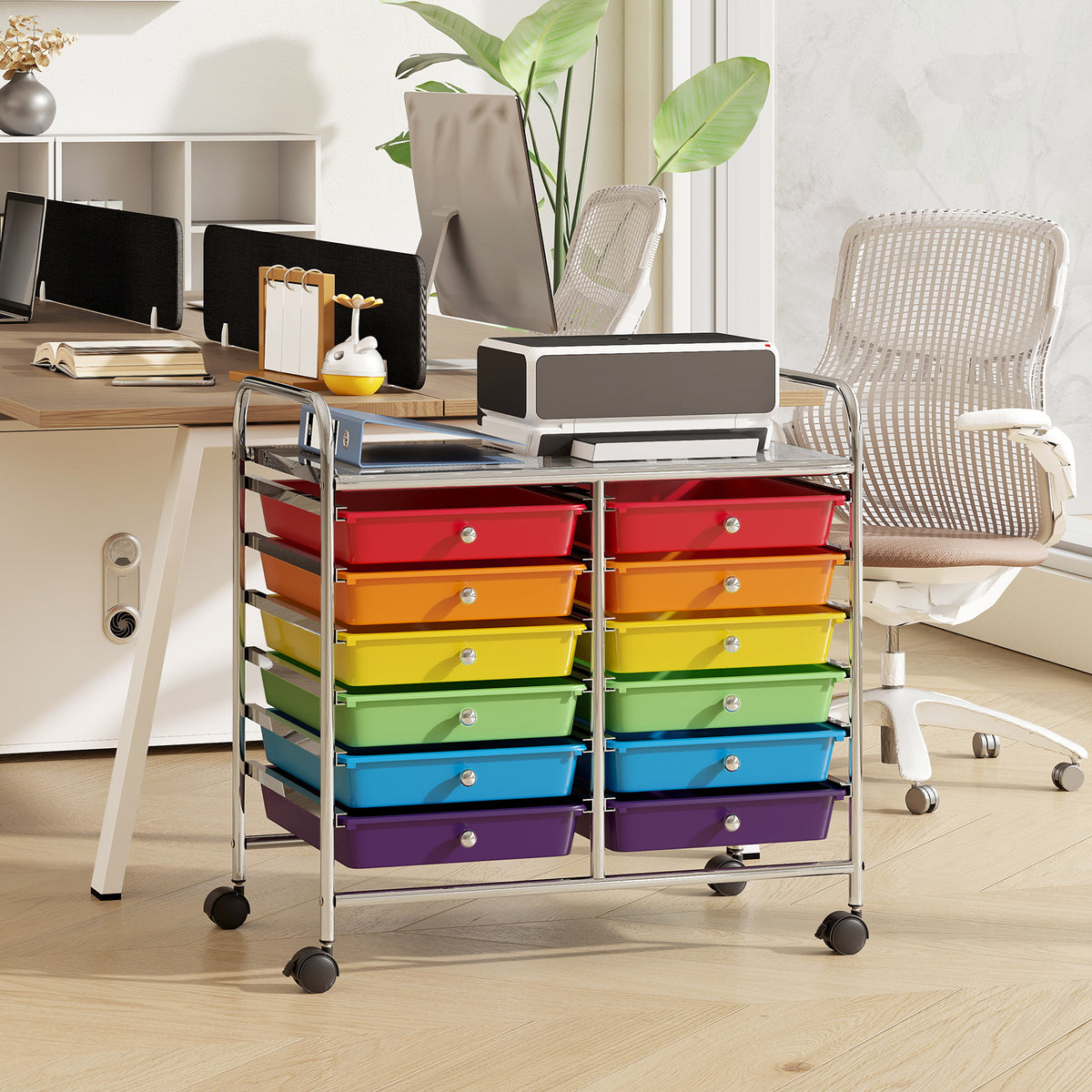 Storage Rolling Cart with Drawer and Large Countertop Side Handles-Multicolor