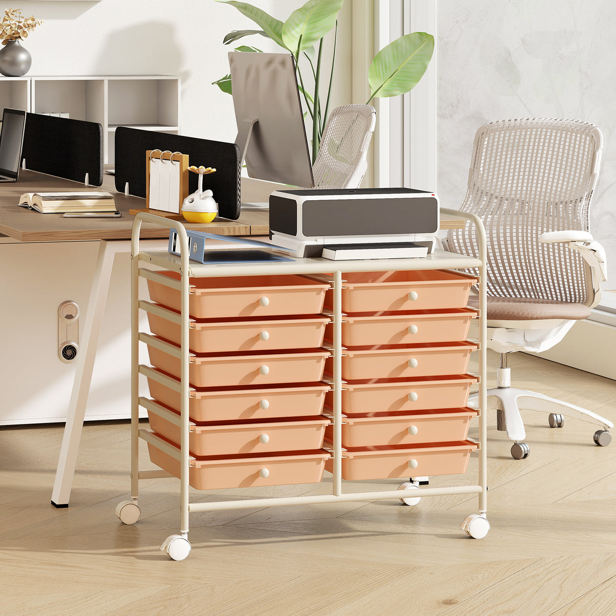 Storage Rolling Cart with Drawer and Large Countertop Side Handles-Pink