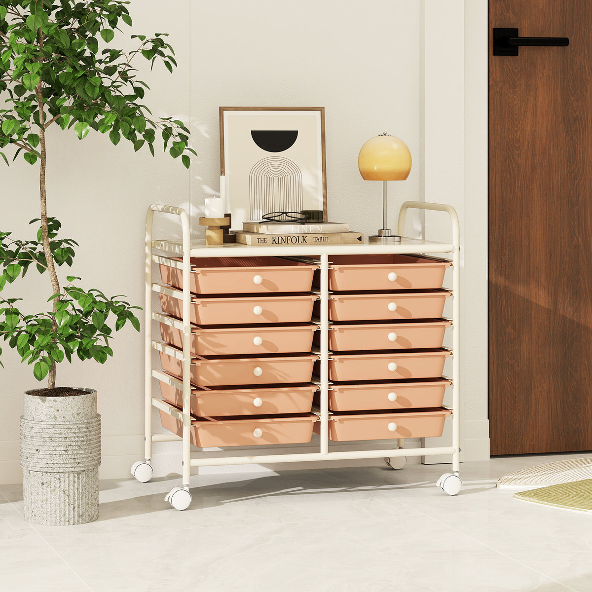 Storage Rolling Cart with Drawer and Large Countertop Side Handles-Pink
