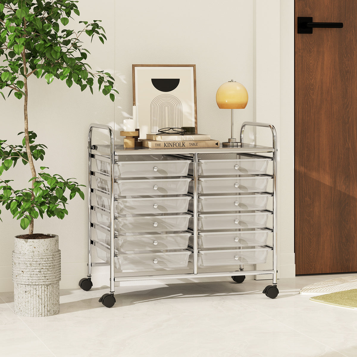 Storage Rolling Cart with Drawer and Large Countertop Side Handles-Transparent