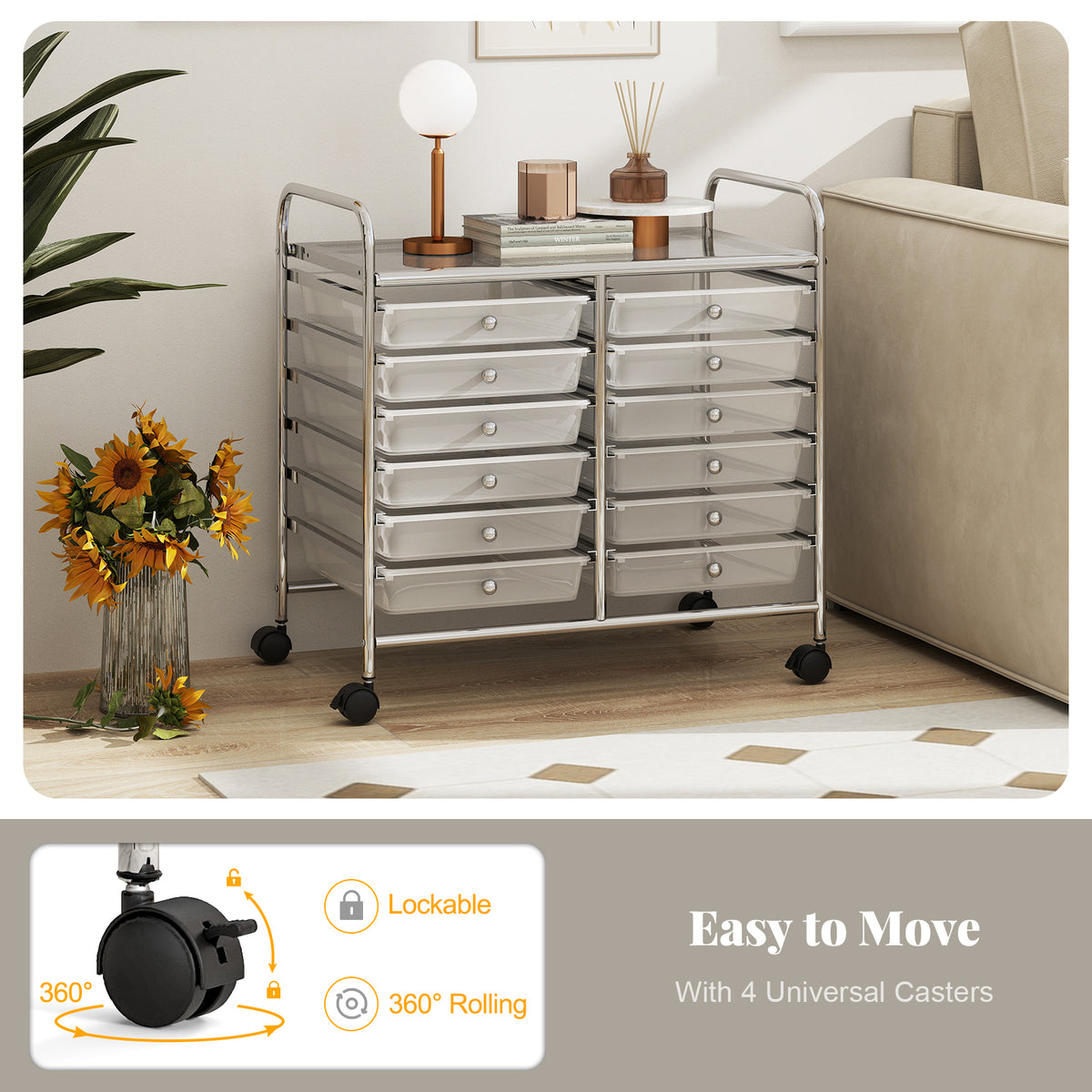 Storage Rolling Cart with Drawer and Large Countertop Side Handles-Transparent