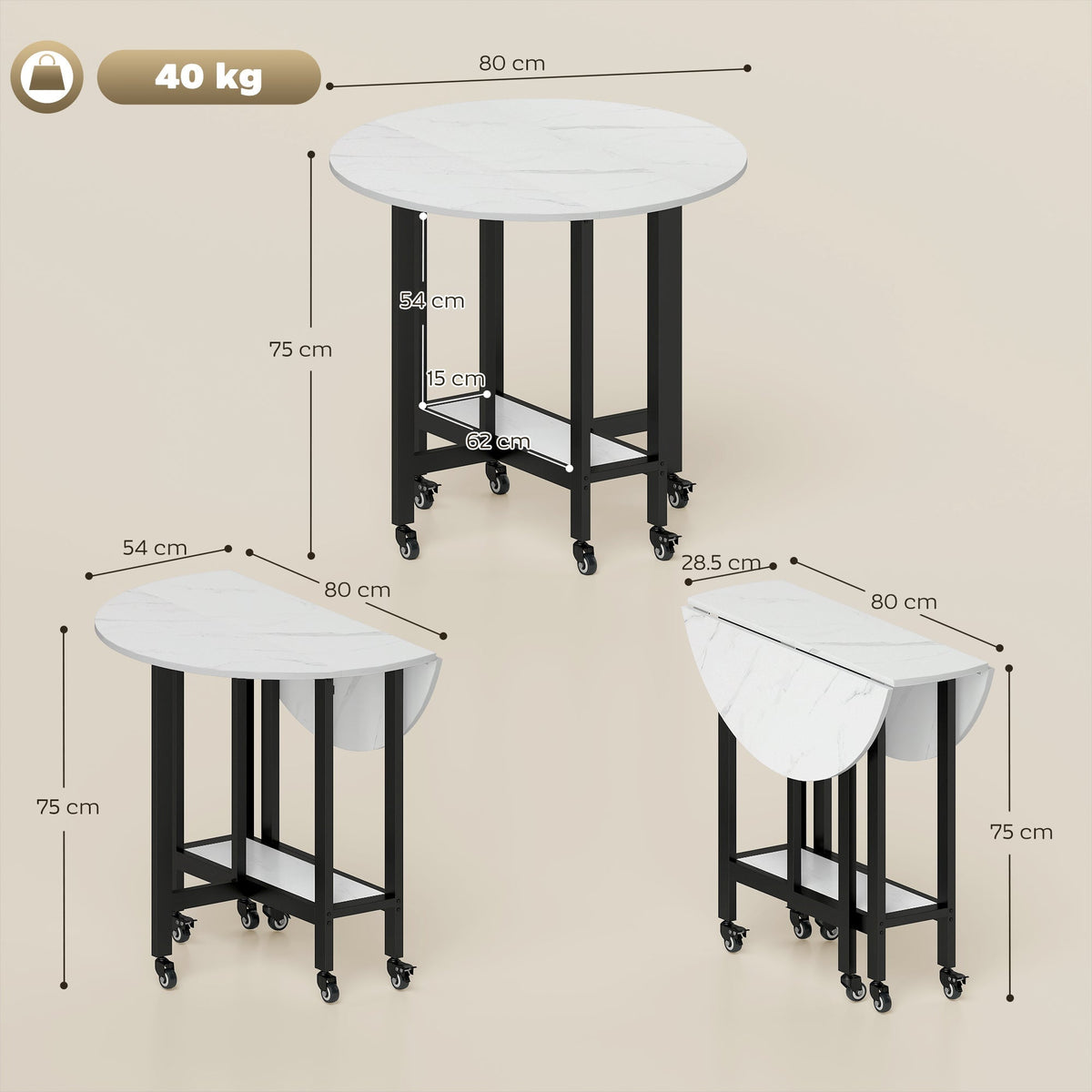 HOMCOM Folding Dining Table, Drop Leaf Table with Open Shelf, Rolling Kitchen Table for Dining Room, Small Spaces, White Marble