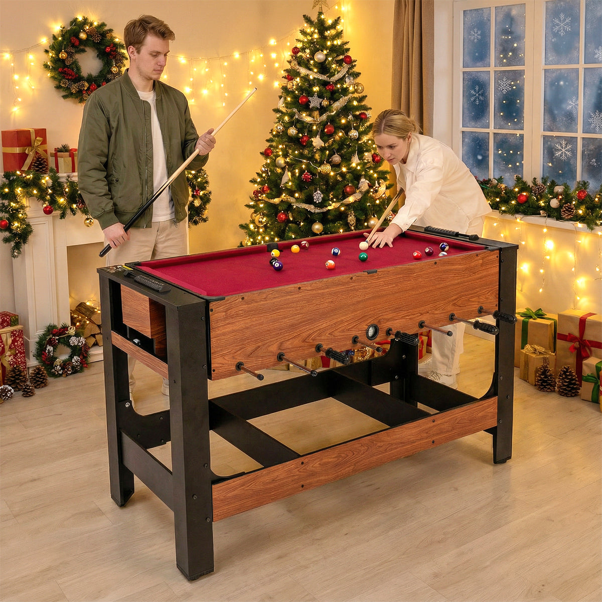 Swivel Game Table 2-in-1 Foosball and Pool Combo Space-saving-Brown