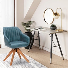 A blue swivel accent chair in a home office setup