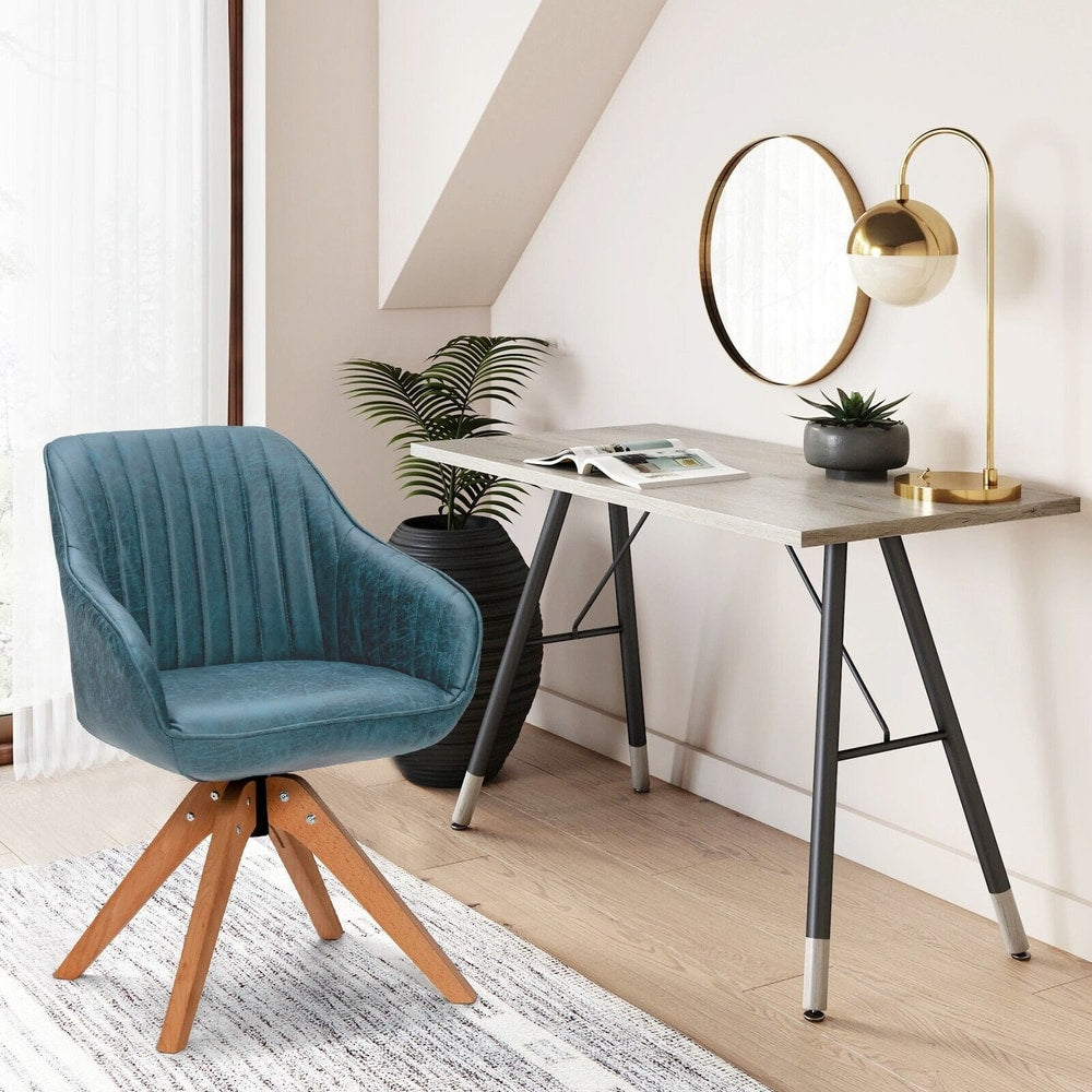A blue swivel accent chair in a home office setup