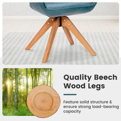 Close up of the solid wood legs of the blue swivel accent chair