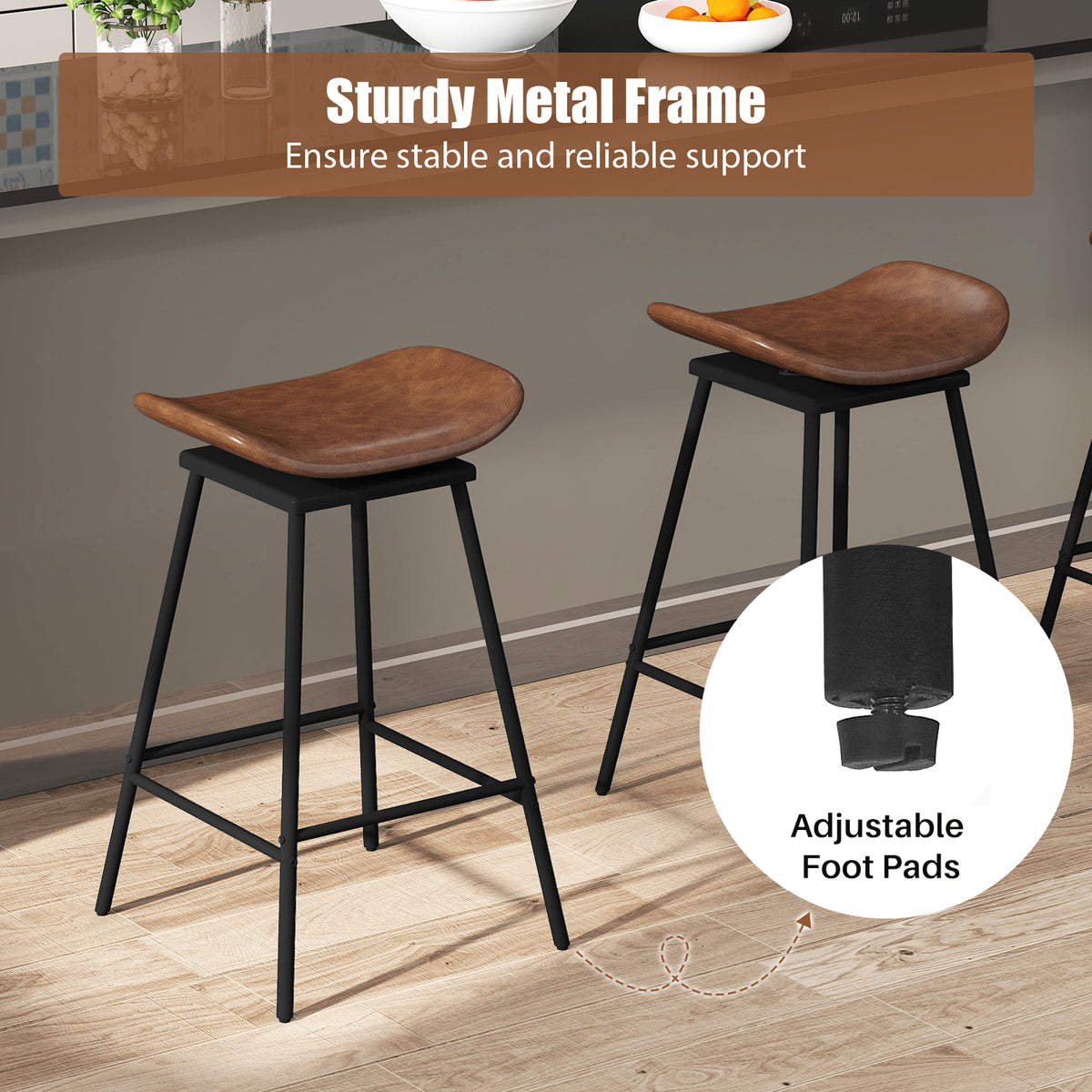 Swivel Barstools Set of 2 with Padded Saddle Seat and Footrest-Brown
