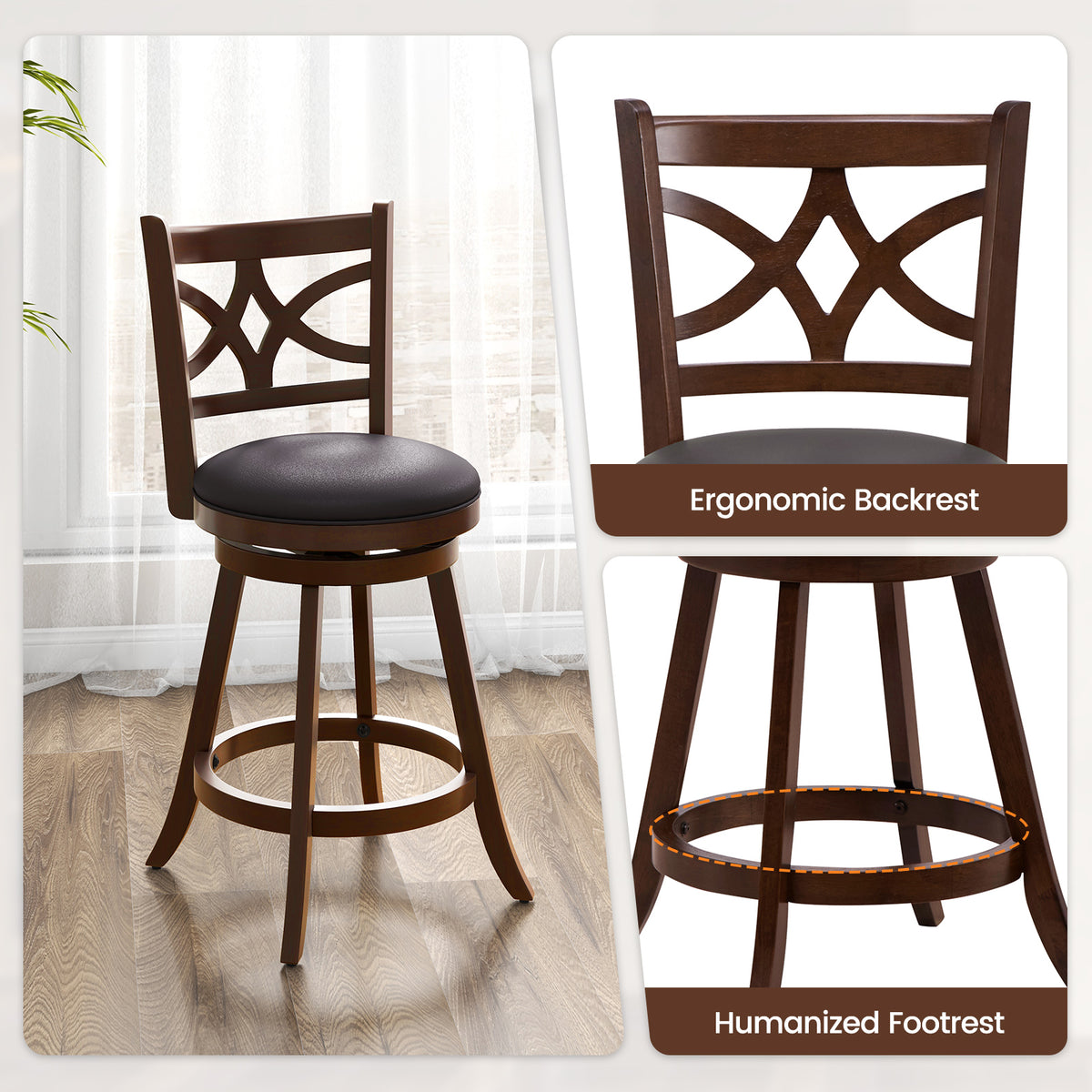61/74 cm Swivel Counter Height Bar Stools with Backrest and Footrest-61 cm