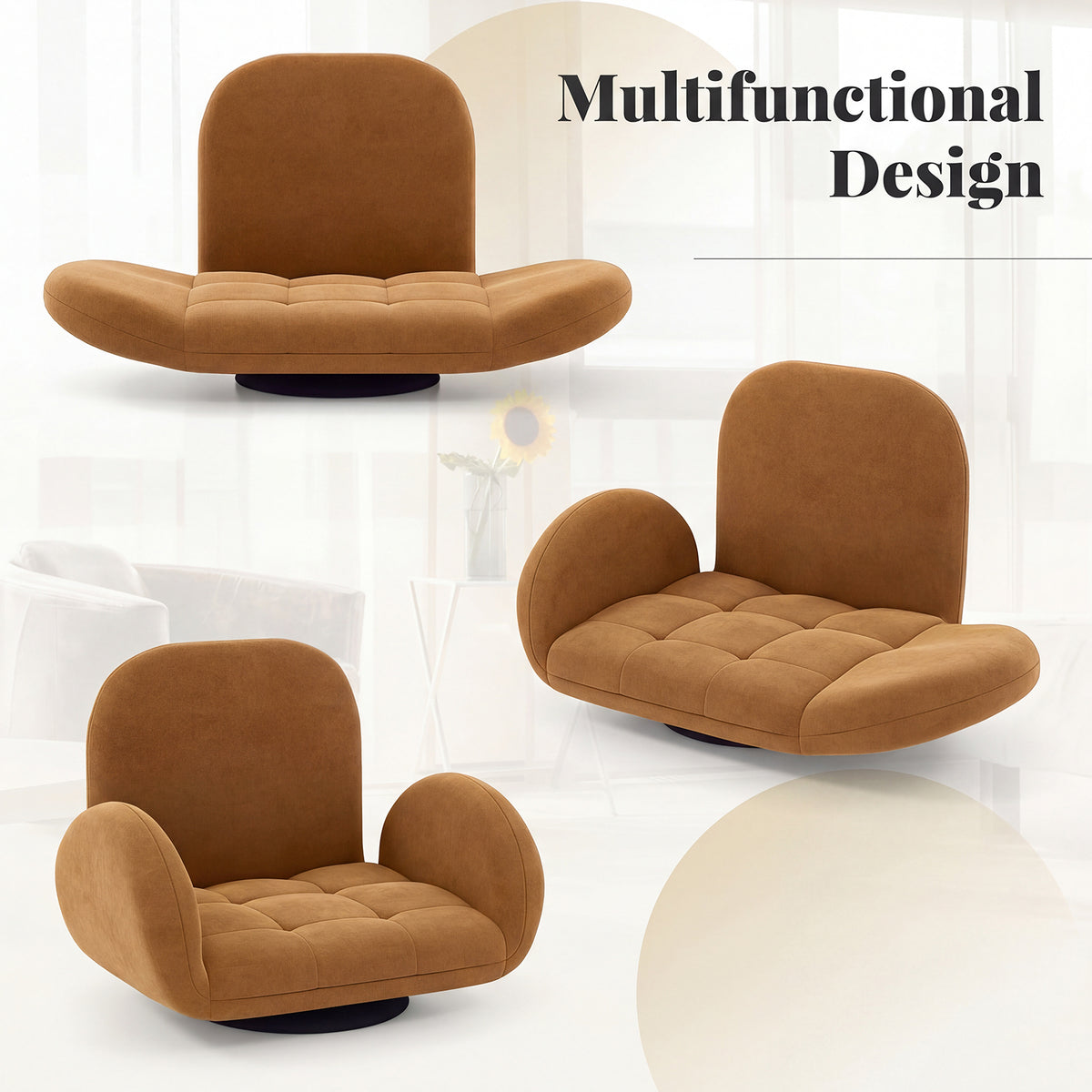 Swivel Floor Chair with Adjustable Backrest and Armrests-Coffee