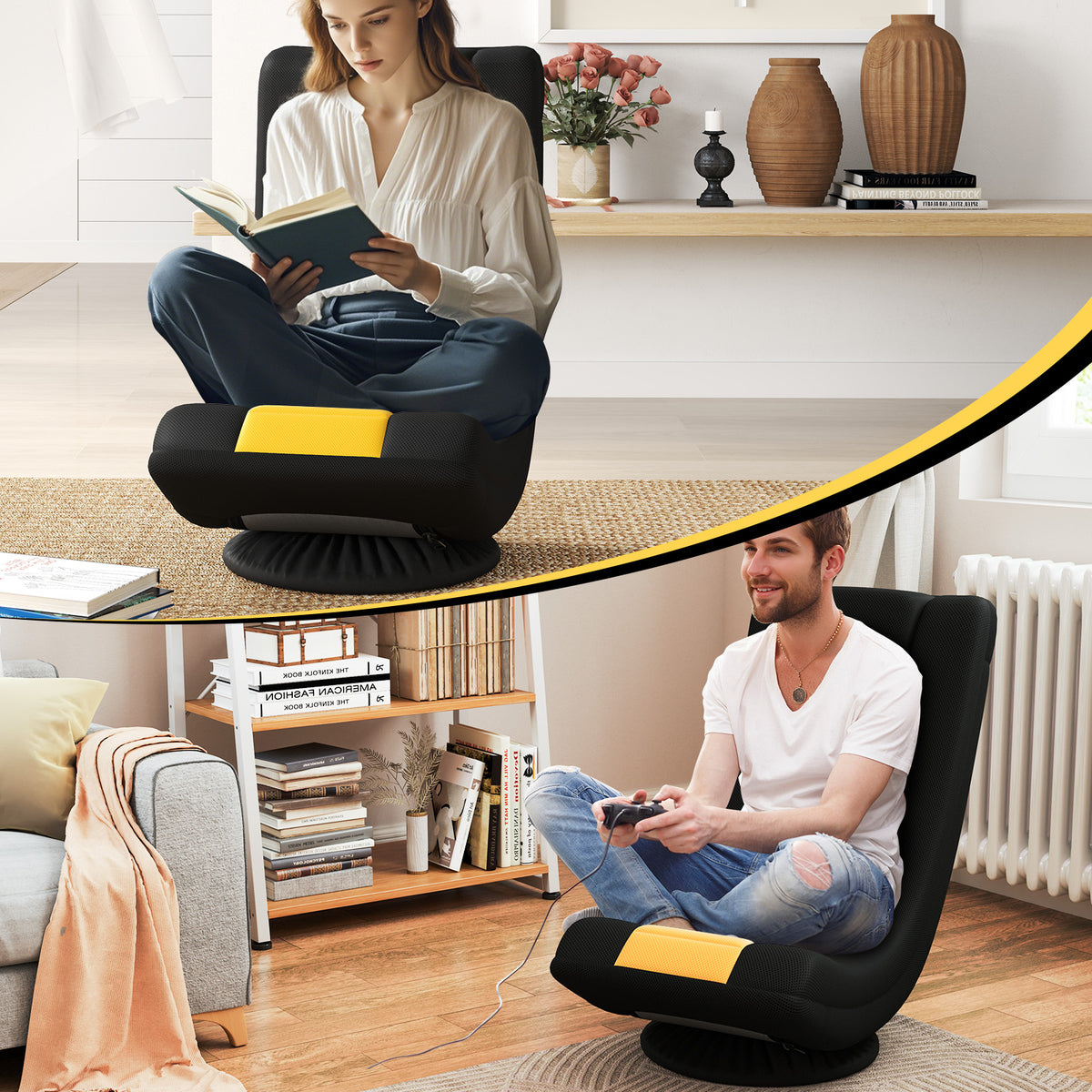 360° Swivel Gaming Chair 4 Position Adjustable Folding Floor Sofa-Yellow