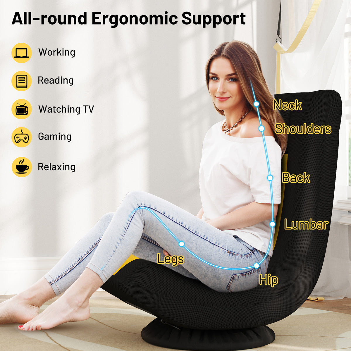 360° Swivel Gaming Chair 4 Position Adjustable Folding Floor Sofa-Yellow