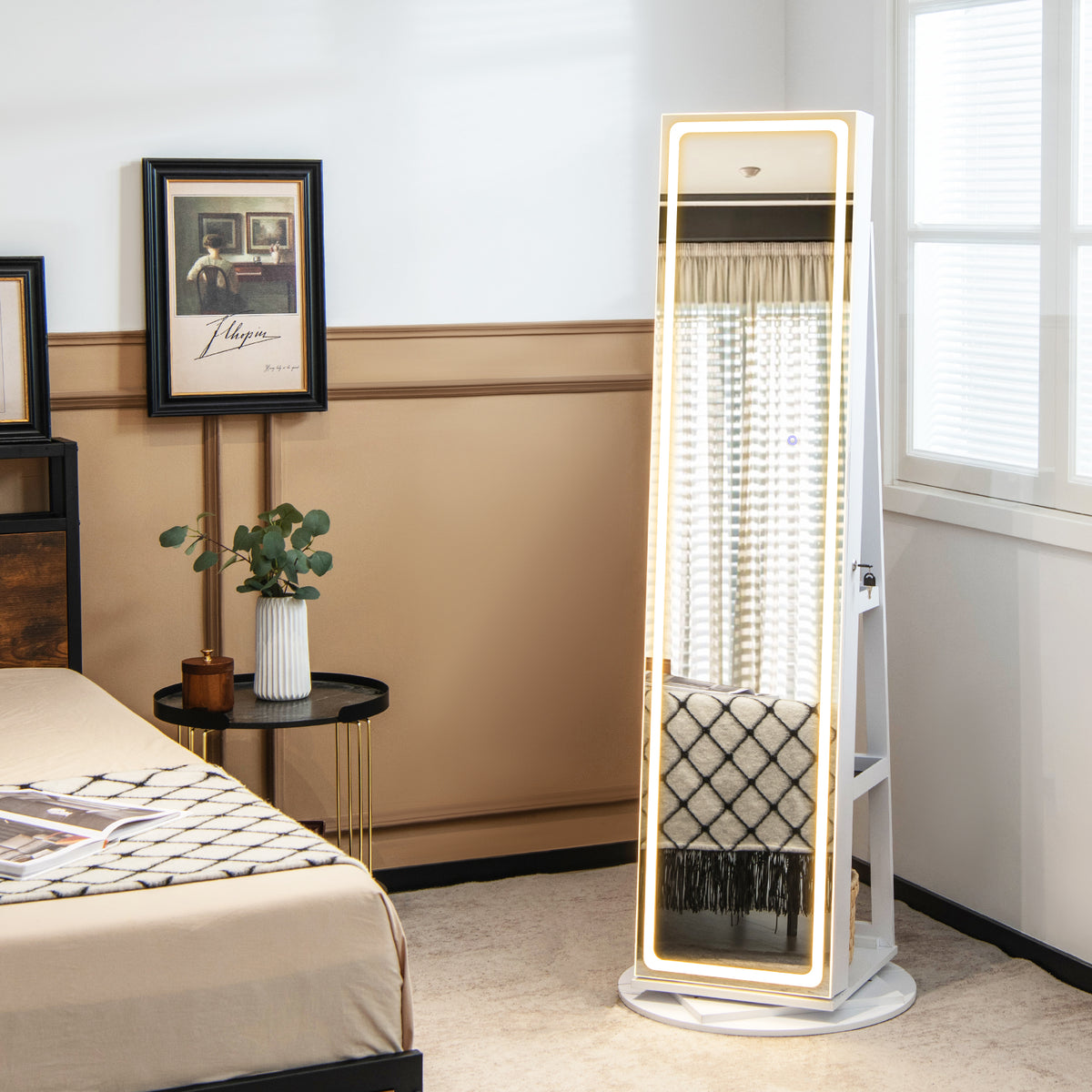 360° Swivel Jewelry Cabinet with LED Lights, Foldable Shelf-White