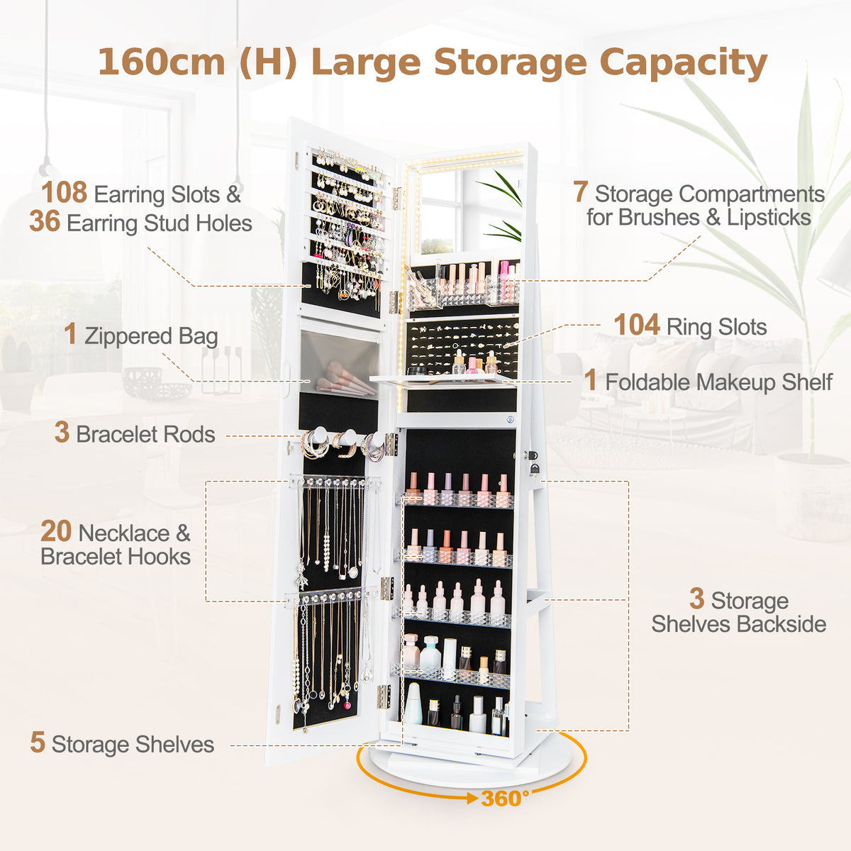 360° Swivel Jewelry Cabinet with LED Lights, Foldable Shelf-White