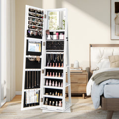 360° Swivel Jewelry Armoire with Full Length Mirror and Back Shelves-White
