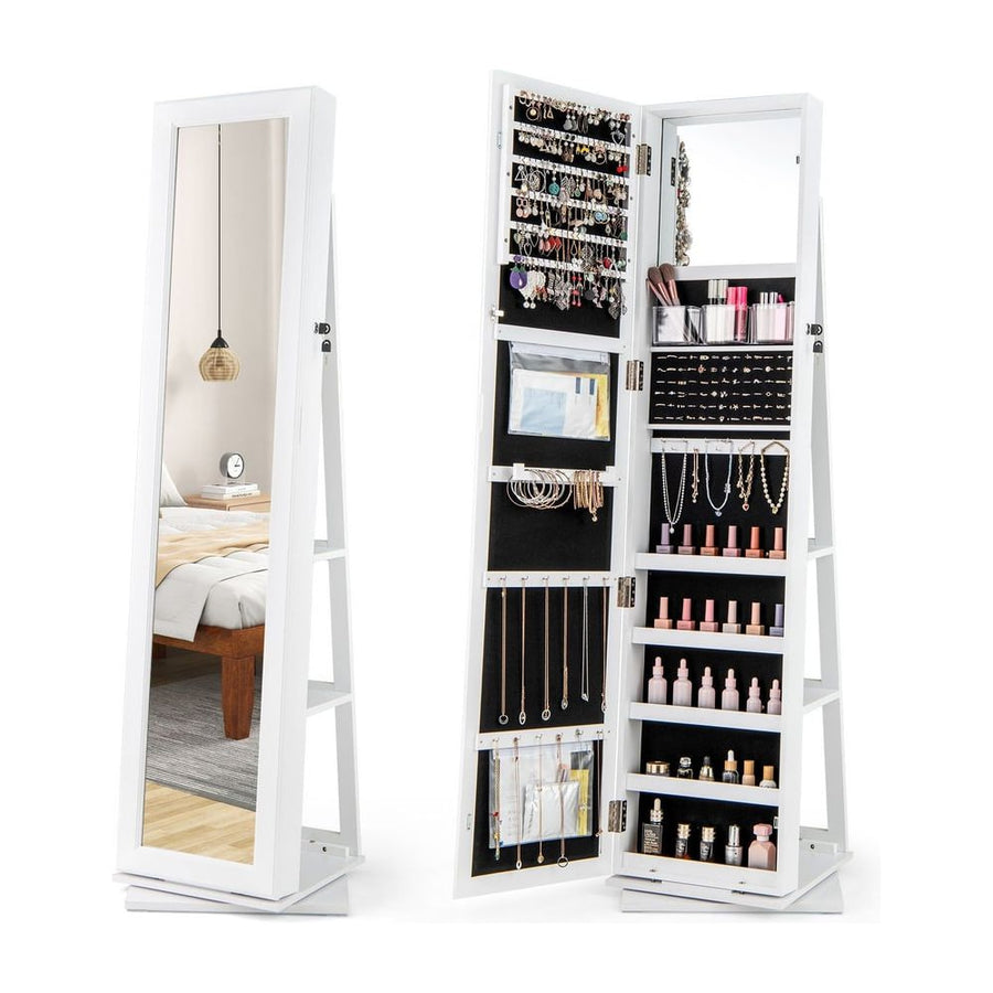 360° Swivel Jewelry Armoire with Full Length Mirror and Back Shelves-White