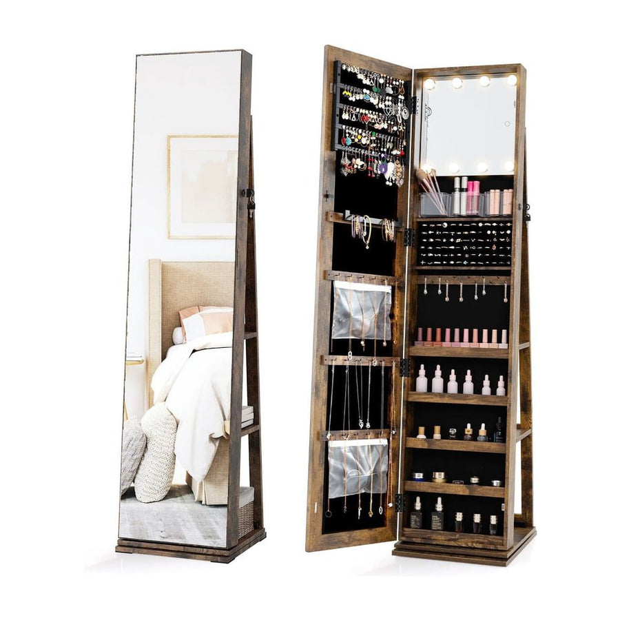 360° Swivel Jewelry Cabinet Full Length Mirror and Back Shelves-Rustic Brown