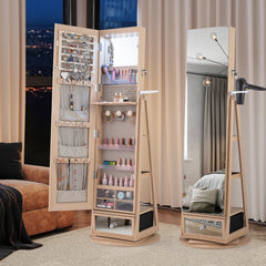 360° Swivel Lockable Jewelry Armoire Cabinet with Full-Length Mirror-Natural