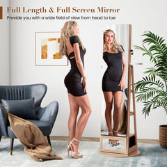 360° Swivel Lockable Jewelry Armoire Cabinet with Full-Length Mirror-Natural