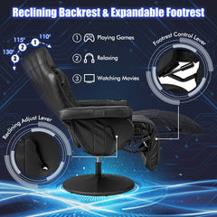 Gaming chair reclined with footrest extended and levers shown
