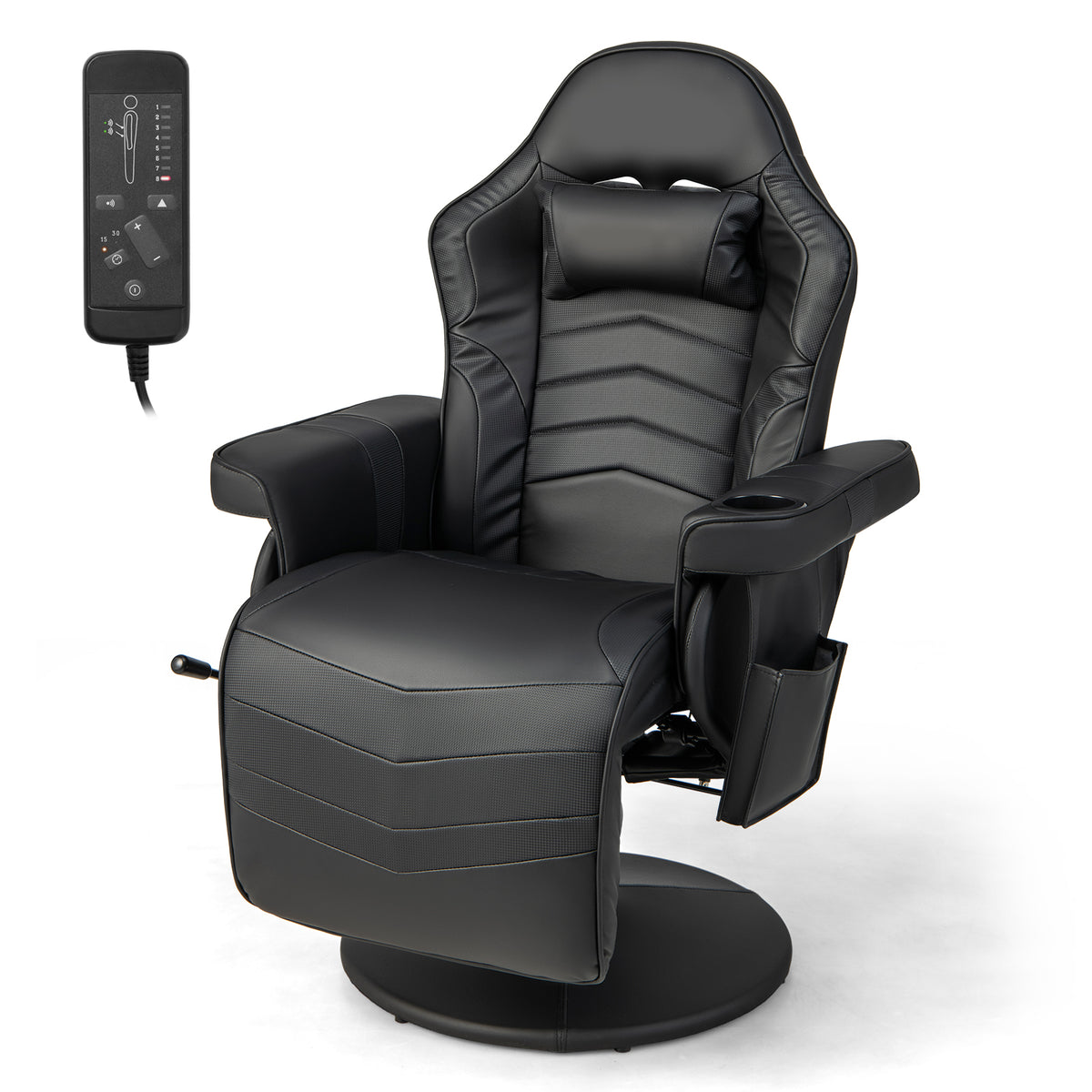 Black electric massage gaming chair with remote control and cup holder