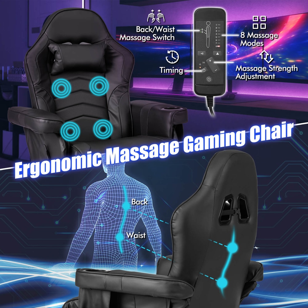 Ergonomic massage gaming chair with massage modes and zones highlighted