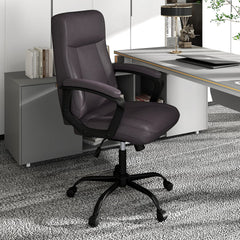 The brown office chair with armrests positioned at a desk