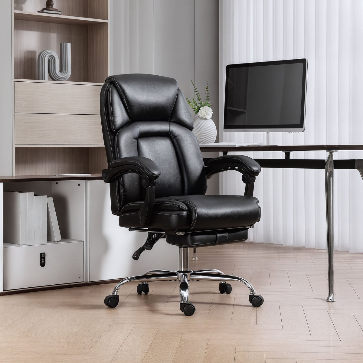 HOMCOM Faux Leather Reclining Office Chair, with Footrest - Black