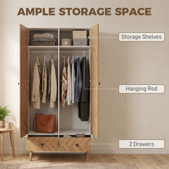 HOMCOM Cabinet Wood-Effect Sticker Surface, Modern Wardrobe with 2 Hanging Rods, 2 Storage Shelves and 2 Drawers, White